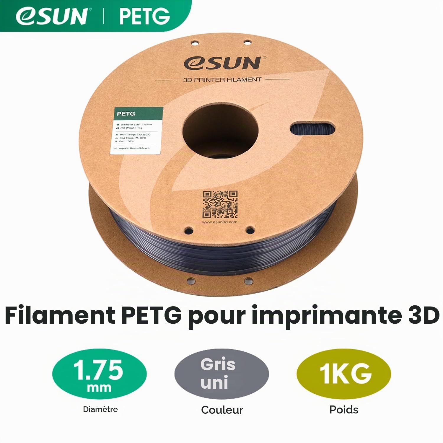 esun-petg-1-75mm-1kg-filament-gris-solide-pour-imprimante-3d image 2